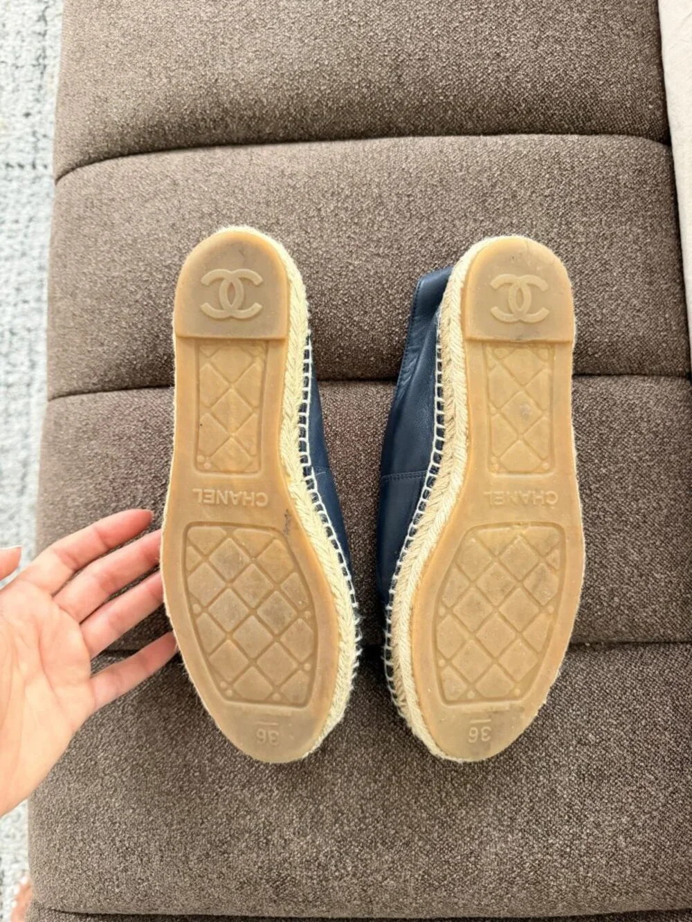 Chanel Espadrilles Navy Leather Black Cap Toe 36